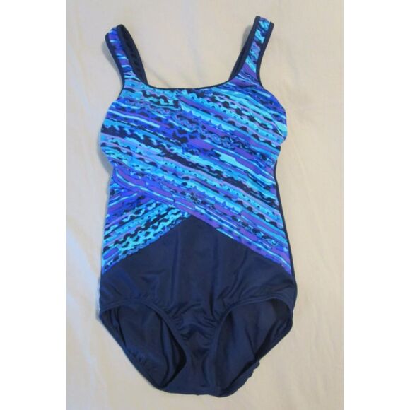 LANDS END Navy Blue Print Sz 10 Tugless Shelf Bra Soft Cup Lined 1 Pc Swimsuit - Picture 5 of 7